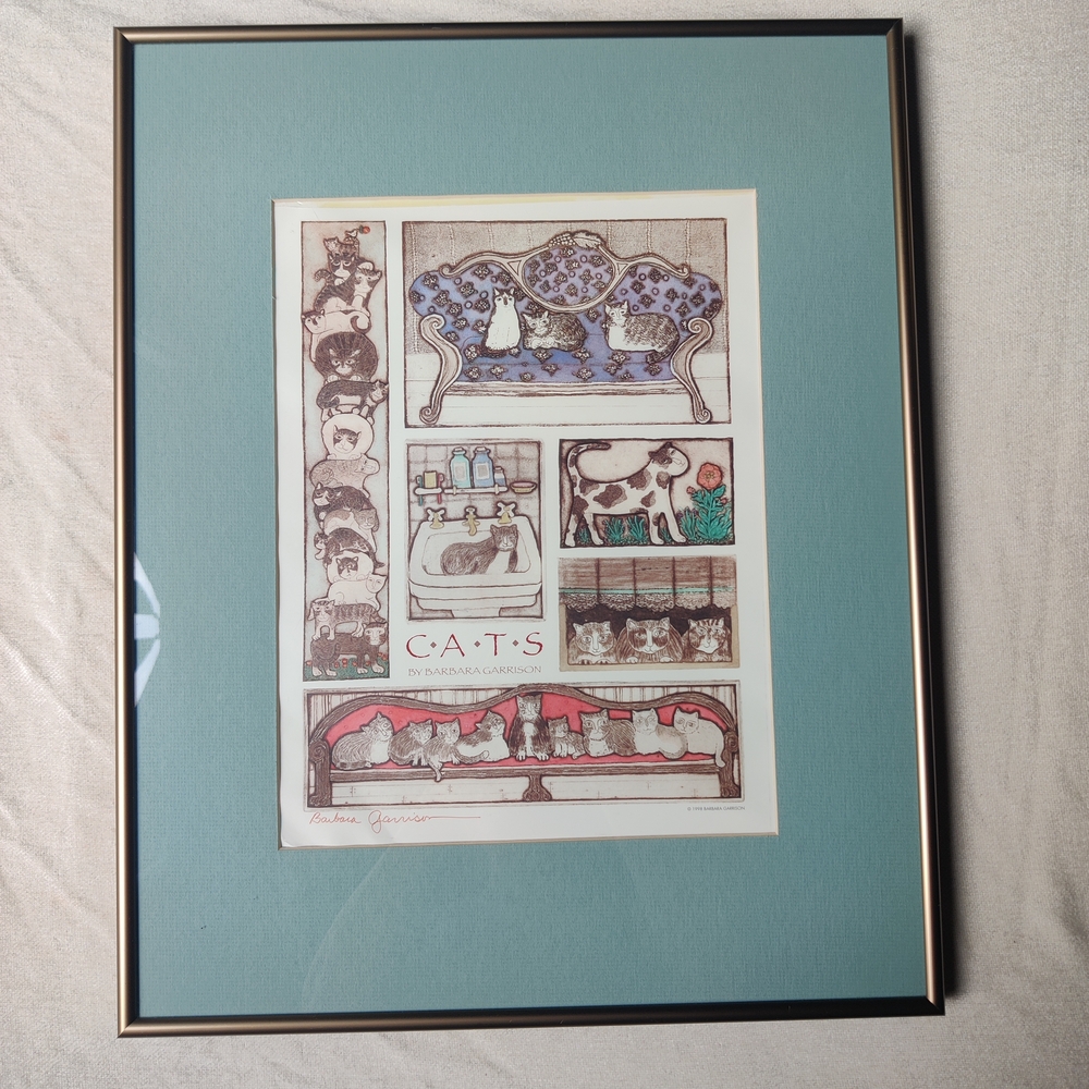 Cats Signed Wall Art Print Barbara Garrison 1998 Framed 16x20" Kitty Cat Kitten